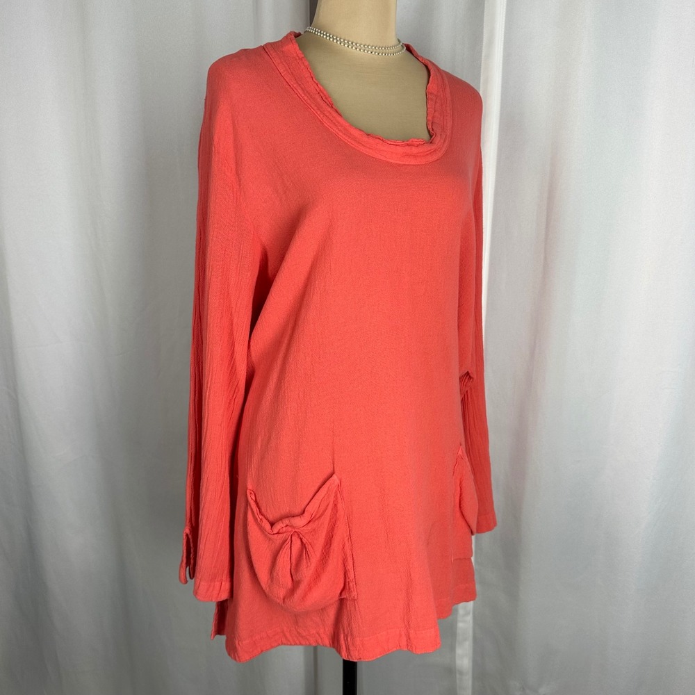 CottonWays Coral Tunic‎ Top Sz 3 Lagenlook Boho Pocket Cotton Long Sleeve